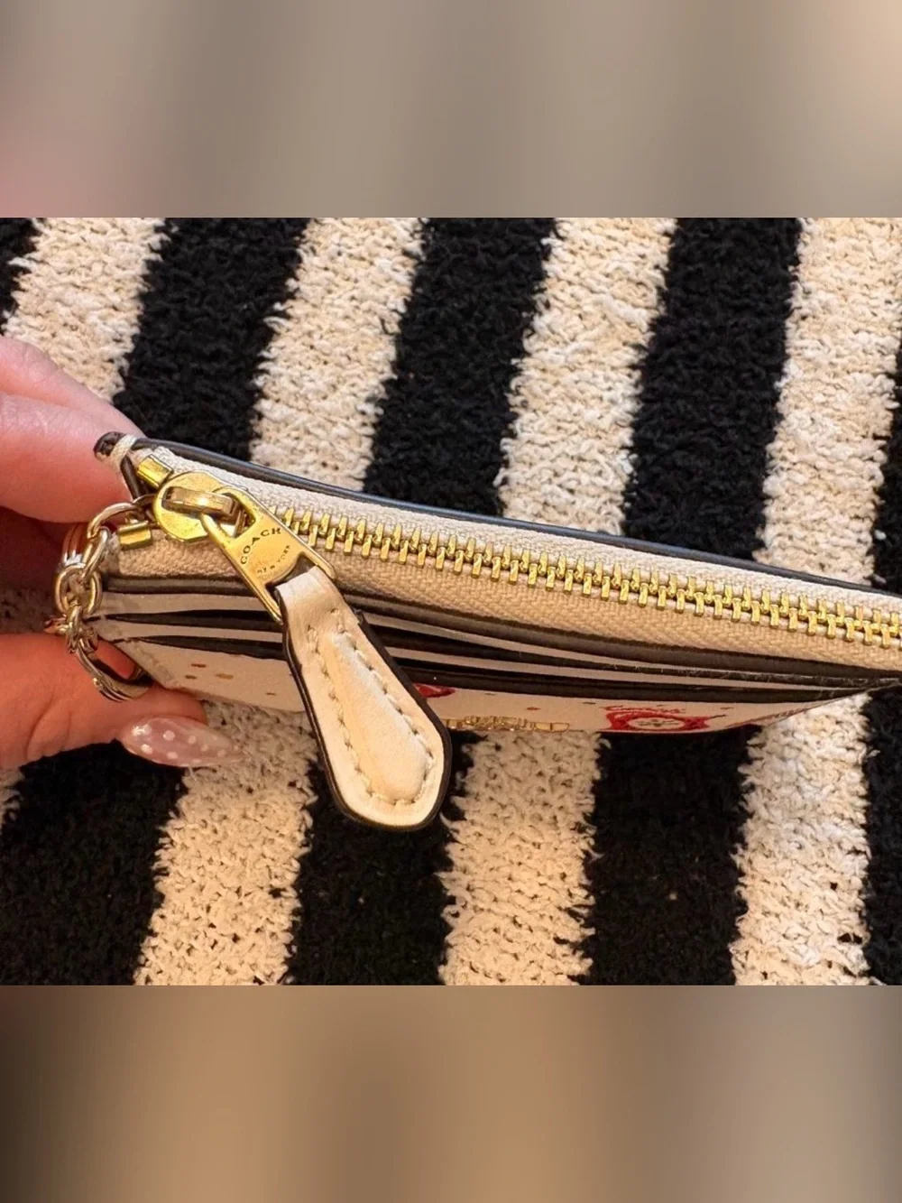 Coach Cream Card Case with Pink and Green christmas ornaments